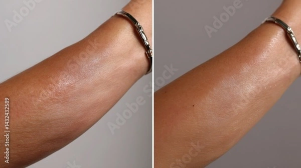 Obraz Comparison of skin before and after brightening serum treatment, left side dull and dry, right side radiant, smooth and glowing