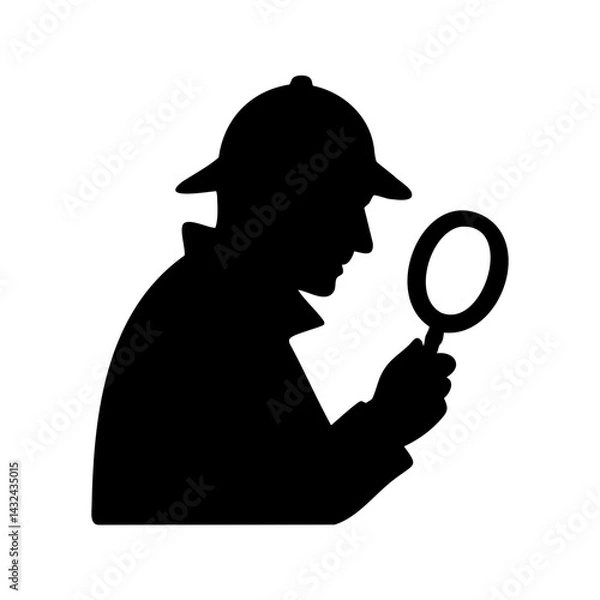 Fototapeta Black silhouette icon of a detective figure holding a magnifying glass, symbolizing investigation, mystery solving, search concept, and private detective work.