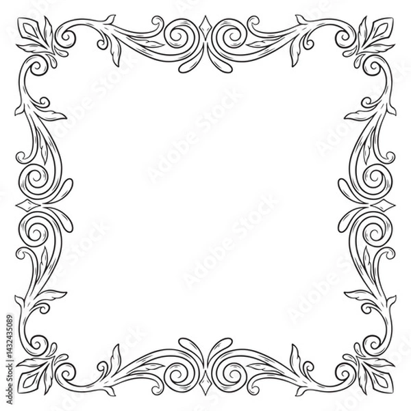 Obraz tattoo and t-shirt design black and white hand drawn rectangle twigs and leaves frame