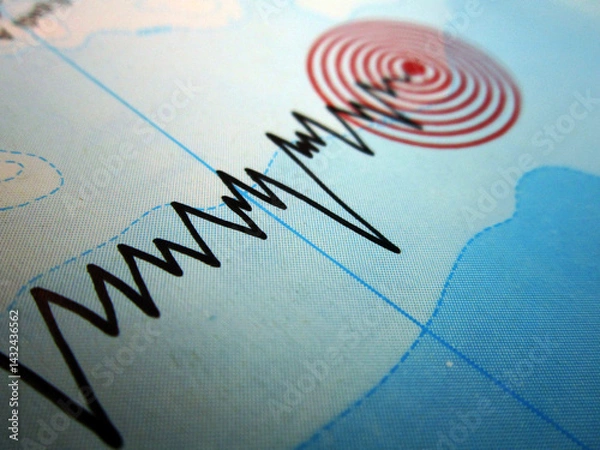 Fototapeta Seismograph and earthquake. Seismic activity of an earthquake. Earthquake occurring under the sea. Tsunami.