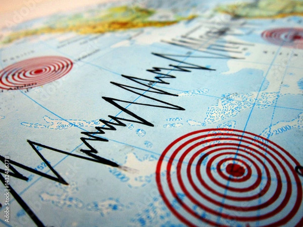 Fototapeta Seismograph and earthquake. Seismic activity of an earthquake. Earthquake occurring under the sea. Tsunami.
