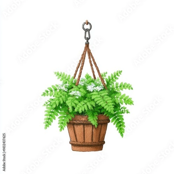 Fototapeta Pixel art illustration of a hanging fern plant in a brown wooden pot with white flowers. The plant is lush and green, and the pot is simple and rustic. The background is white.