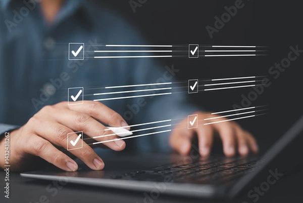 Fototapeta Digital to do list system displayed over man working on laptop, focusing on productivity, task management, and strategic planning for successful project execution in personal or business setting