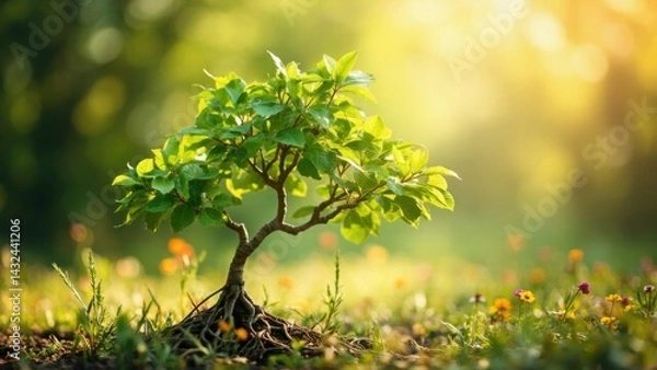 Fototapeta Young tree with exposed roots in morning light