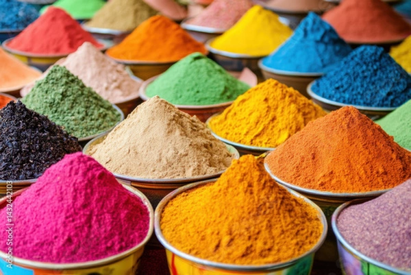Fototapeta Colorful spice art for wallpaper showcases vibrant piles of spices in various hues, creating visually stunning display that evokes sense of warmth and richness