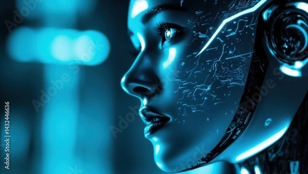 Fototapeta Female humanoid robot with glowing circuits