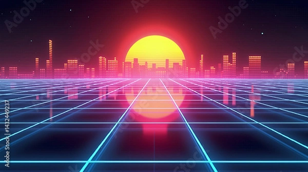 Fototapeta professional PowerPoint background featuring a retro 80s-inspired grid pattern with vibrant, glowing neon