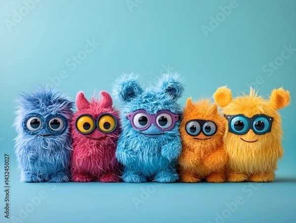 Fototapeta "Vintage Stuffed Animals Group on Blue Background"