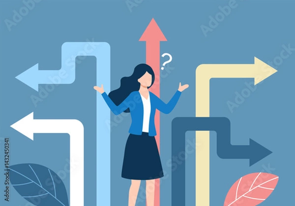 Fototapeta Confusion or decision about business approach, Difficult decision, Choosing the right direction, Finding the right business direction, Businesswoman thinking and making business decisions.
