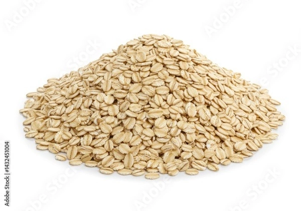 Obraz A pile of uncooked rolled oats forming a small mound on a plain white surface in a studio setting