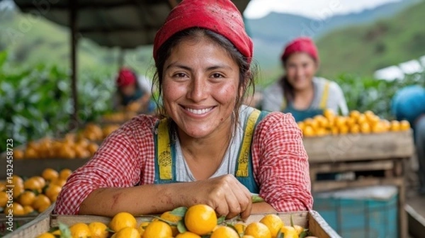 Fototapeta Smiling woman surrounded by oranges.  Happy worker in a fruit packing shed
