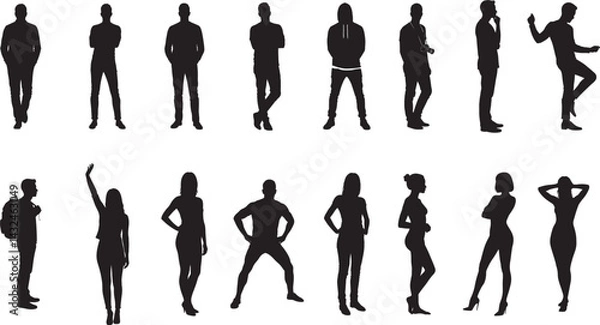 Fototapeta Flat vector silhouettes of casually dressed men and women standing in different full-body poses, solid black figures isolated on white background for creative design