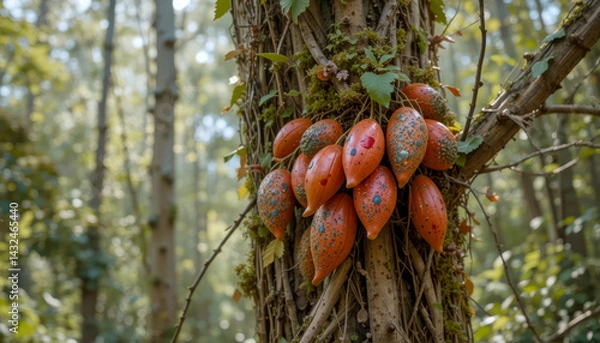 Obraz A cluster of speckled orange fruits adorns a moss-covered tree trunk in a sun-dappled forest.  The scene evokes a sense of autumnal tranquility.