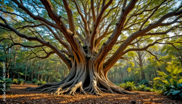 Obraz A majestic ancient tree dominates a sun-dappled forest, its massive roots and sprawling branches creating a breathtaking spectacle of nature's enduring power.