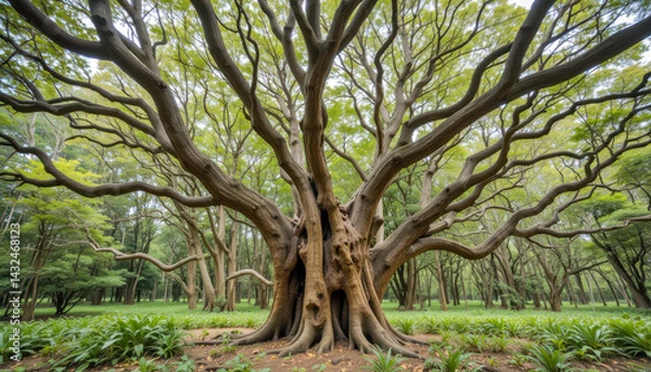 Obraz A majestic, ancient tree with sprawling, gnarled branches commands a lush green forest. Its massive trunk and intricate root system anchor it firmly in the ground, showcasing nature's enduring beauty.