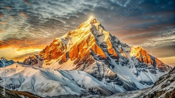 Obraz Snow-covered mountain peak glows at sunrise, bathed in golden light against a serene morning sky