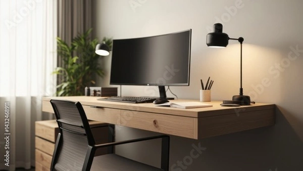 Fototapeta Modern home office with curved monitor and soft lighting