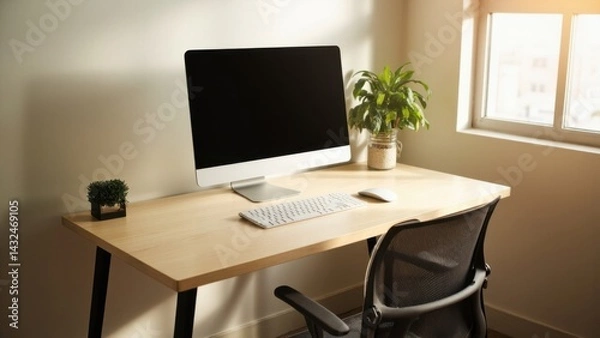Fototapeta Minimalist workspace with computer and sunlight