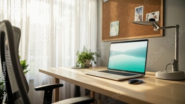 Fototapeta Natural home office setup with laptop and window light
