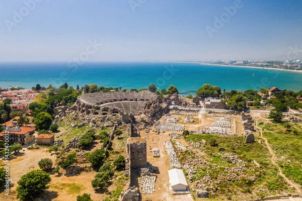 Obraz Side Ancient Theatre. Aerial view image of the ancient city and amphitheater of Side in Manavgat, Antalya, Turkiye.