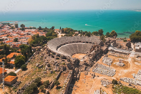 Fototapeta Side Ancient Theatre. Aerial drone image of the ancient city and amphitheater of Side in Antalya, Turkiye.