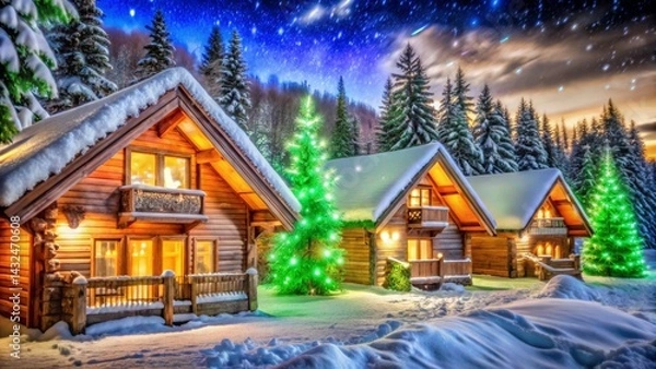 Fototapeta Snow-covered cabins glow warmly at night, nestled in a magical, serene winter wonderland scene