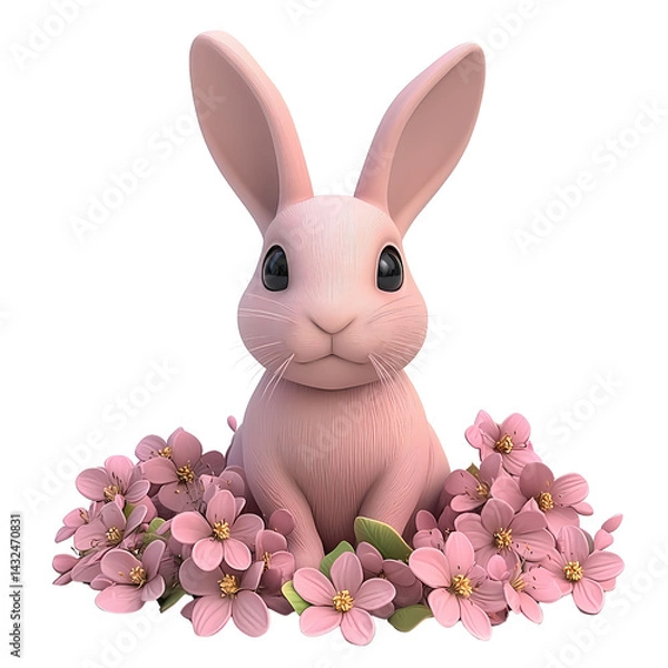 Obraz Adorable Pink Bunny Rabbit Sitting Amidst Delicate Spring Blossoms 3D Render