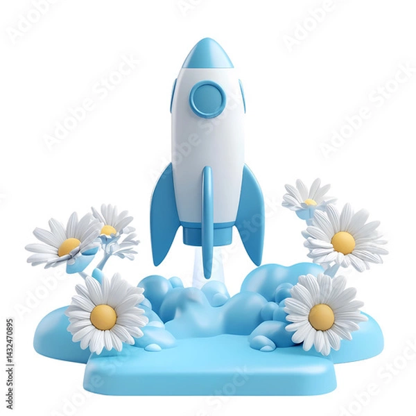 Obraz 3D Render Blue Rocket Launching from Daisies Spring Startup Concept