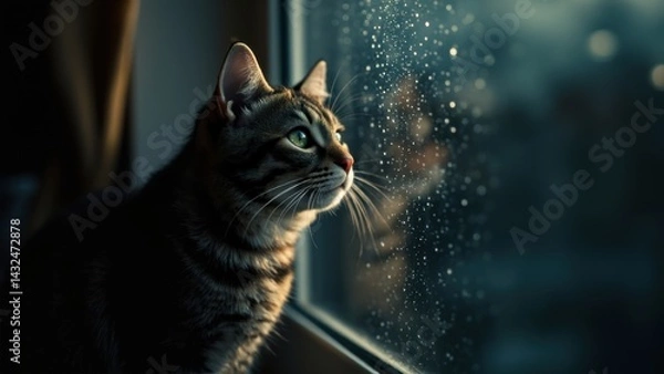 Fototapeta Tabby cat staring out rainy window with reflection