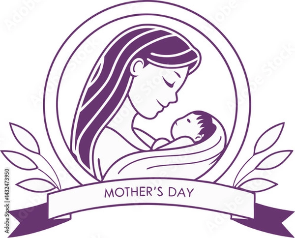 Obraz Mother's Day Icon in Minimal Line Art Style. Elegant Mother's Day Logo Design with Baby. Modern Line Art Mother's Day Graphic. Minimalist Mother's Day Embrace Illustration