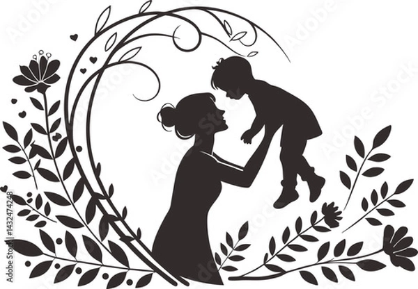 Obraz Mother's Day Icon in Minimal Line Art Style. Elegant Mother's Day Logo Design with Baby. Modern Line Art Mother's Day Graphic. Minimalist Mother's Day Embrace Illustration