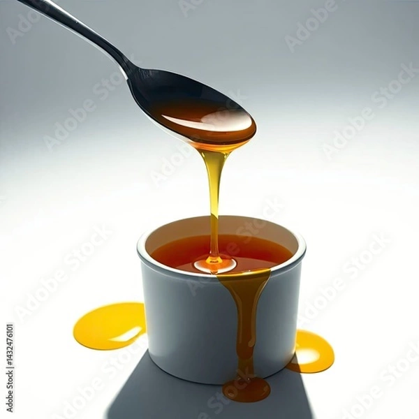 Fototapeta Honey dripping from a spoon into a container on a white background, low angle perspective,  with generative ai