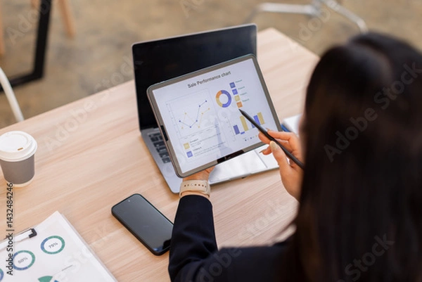 Fototapeta asian business Hands, growth, development  Charts, graphs data analysis and woman with tablet, screen and statistics for online investment report. 
