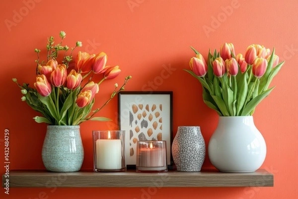 Fototapeta A shelf with a variety of vases and candles, including a white vase with a black and white pattern