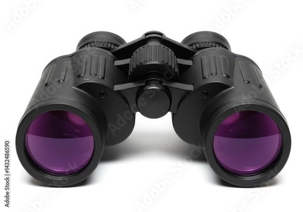 Fototapeta A close up shot of black binoculars with purple lenses on a white background in a studio setting