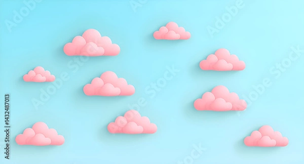 Fototapeta Flat-style cartoon 7 pink clouds floating on a smooth blue-to-teal gradient sky background