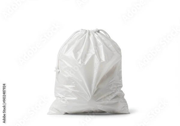 Obraz A white drawstring bag filled with items on a white background in a studio setting with soft lighting