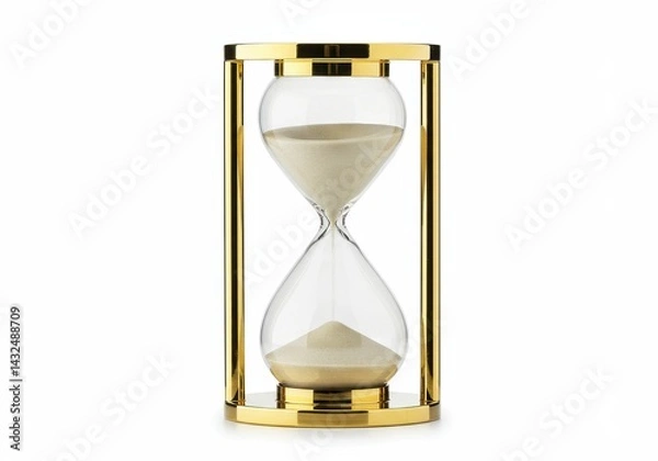 Fototapeta A close up of a gold framed hourglass with white sand on a white background in a studio setting