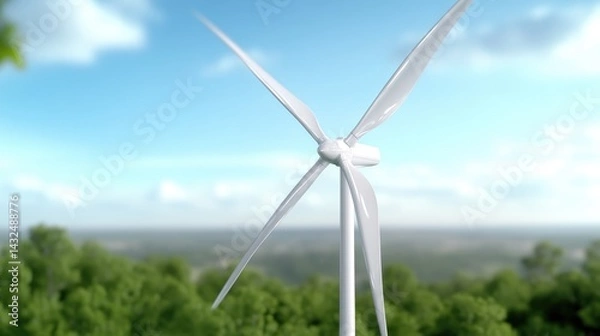 Fototapeta Wind turbine atop a hill, bathed in sunlight