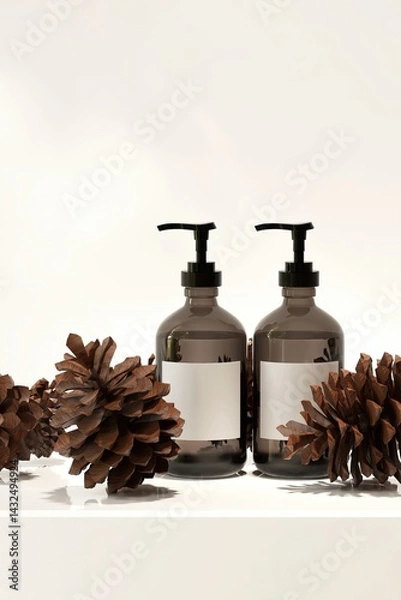 Obraz Two mock up of amber glass shampoo, soap pump head dispenser bottle on round wooden tray on white counter in dappled sunlight for luxury organic fashion, beauty, cosmetic product display background 3D