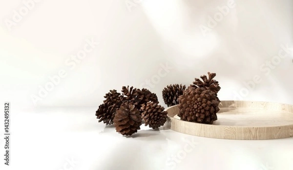 Obraz Modern round brown wooden podium plate with pine cone on white counter in dappled sunlight on wall for luxury organic fashion, beauty, cosmetic, skincare, body care product display background 3D