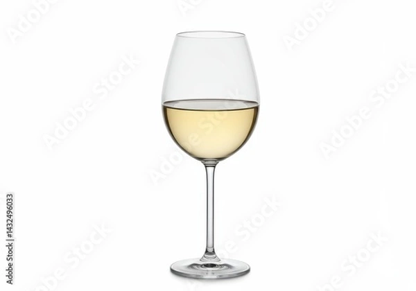 Fototapeta A wine glass filled with white wine stands on a white background in a studio setting perfectly isolated