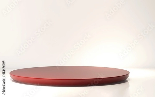 Obraz Modern round glossy red podium plate on white table counter in sunlight on wall for luxury organic fashion, beauty, cosmetic, skincare, body care product display background 3D