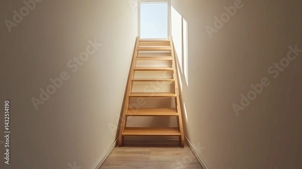 Fototapeta Wooden stairway leading upward into a bright space.