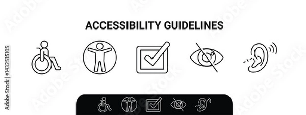 Fototapeta The image illustrates accessibility guidelines with outline icons representing inclusivity, design, and compliance. Outline icons set.