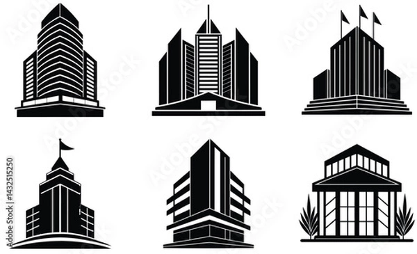 Obraz Skyscraper Hotel Silhouette Vector Set – Modern High-Rise Building Design