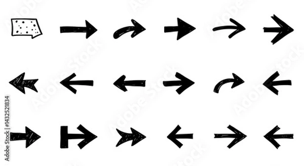 Fototapeta A set of eighteen distinct, hand-drawn black arrow illustrations pointing in various directions, accompanied by a textured speech bubble element.