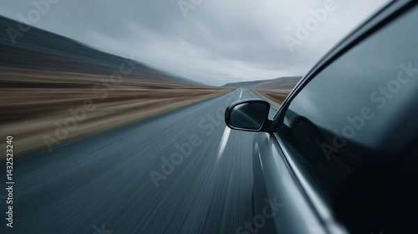 Fototapeta car speeds along deserted asphalt road, surrounded by blurred landscape under cloudy sky