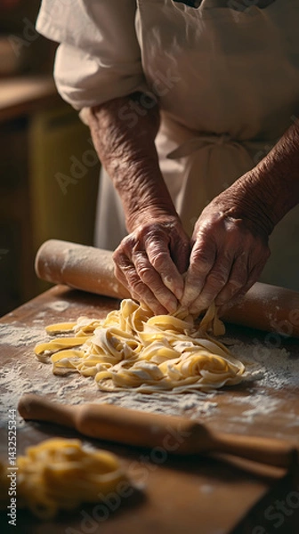 Fototapeta Close-up of elderly woman’s hands preparing fresh pasta on a wooden table with flour in warm rustic light