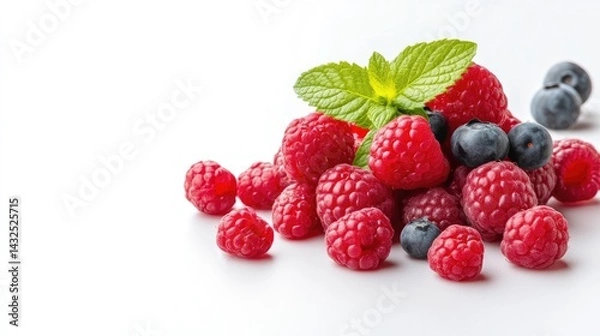 Obraz Fresh raspberries and blueberries, with mint